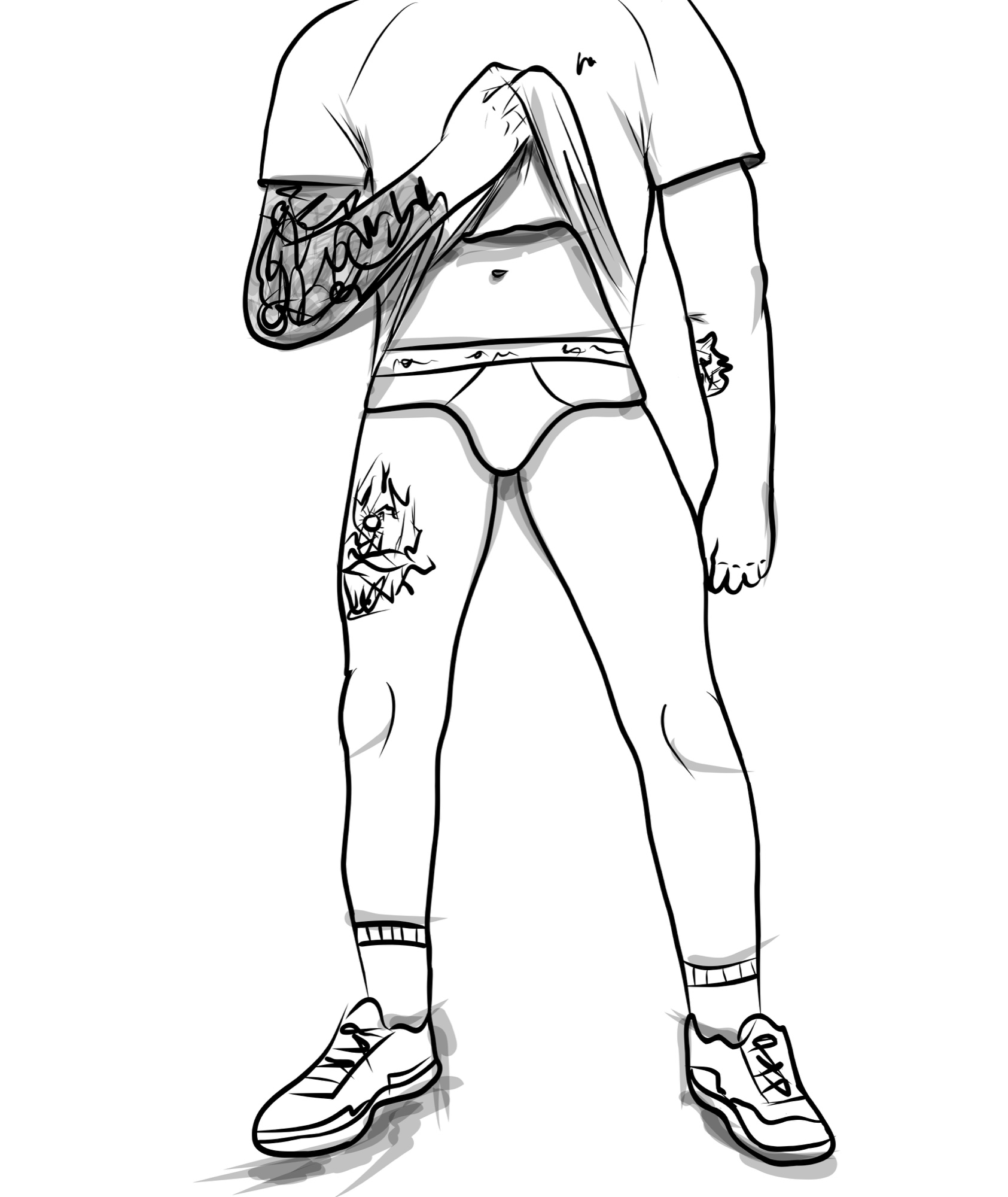 Original black and grey line drawing of a tattooed man lifting his shirt and wearing briefs